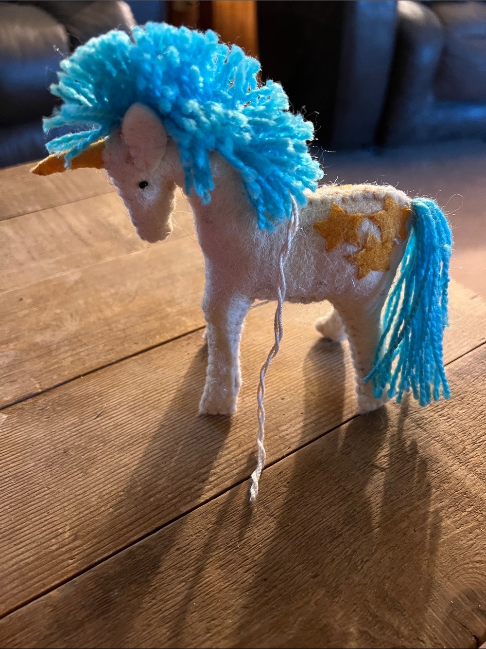 Handmade White Felt Unicorn with Bright Blue Yarn Mane & Tail Ornament